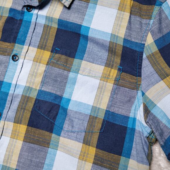 Prana Benton Blue Yellow Plaid Slim Fit Short Sleeve Button Down Shirt Mens L - Picture 6 of 13